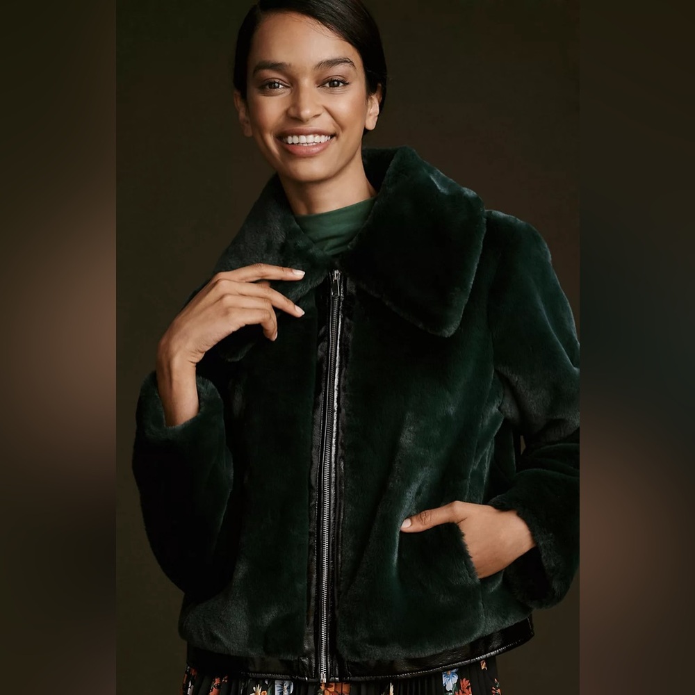 Maeve Zip Up Faux Fur Jacket Size S Green/Black **Needs Zipper Repair**